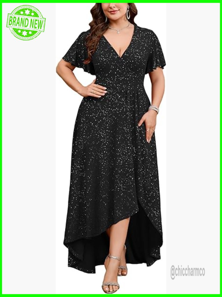 Plus Size Sparkly Formal Maxi Dress Glitter V Neck High Low Hem Ruched